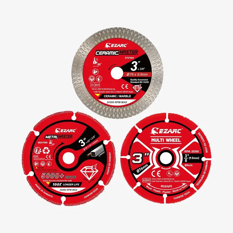 3-Pack 3-Inch Angle Grinder Cut-Off Wheels — Diamond Metal Cutting, Carbide, And Super-Thin Tile Blades — 3/8" Arbor 1