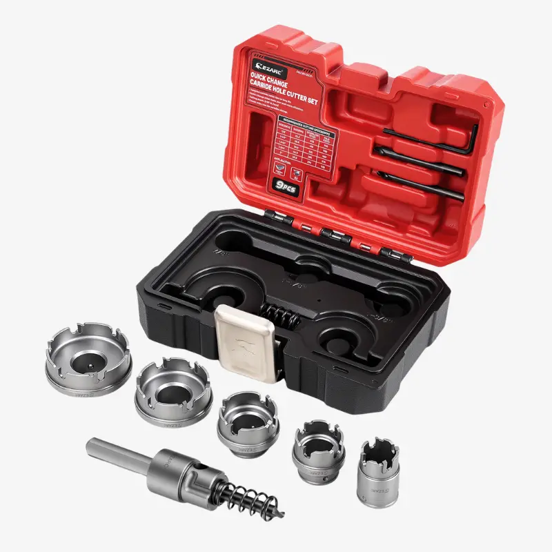 9-Piece Quick-Change Carbide Hole Saw Kit — 7/8" To 2" Diameter, Includes Pilot Drills, Hex Key, And Spring For Stainless Steel & Sheet Metal 1