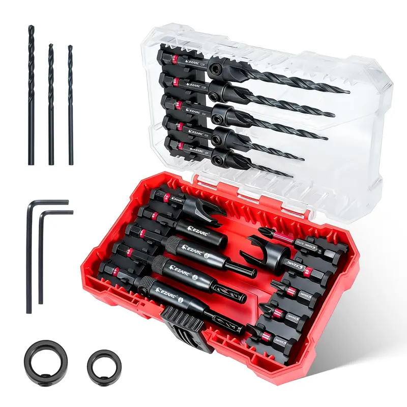 Ezarc 22-Piece Self-Centering Countersink Drill Bit Set – Includes Plug Cutters, Screwdriver Bits, Magnetic Extension Holder, And Storage Case 1
