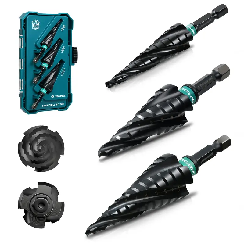 Libraton 3-Piece M35 Cobalt Step Drill Bit Set – Altin-Coated, Four-Spiral Flute Unibits 1