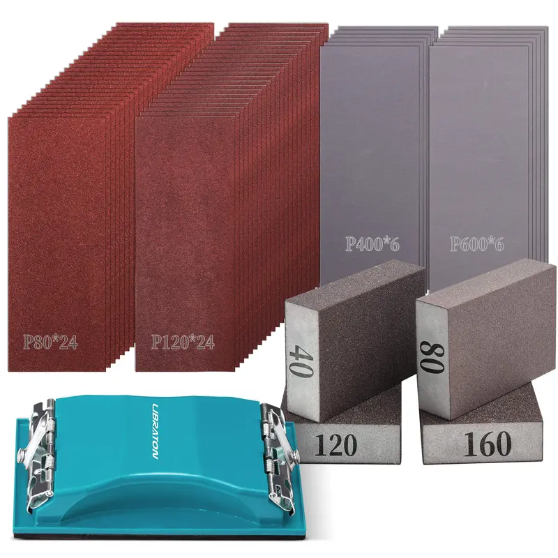 Libraton 65-Piece Sandpaper Variety Pack – Includes Sanding Blocks, Foam Pads, And Assorted Grits 1