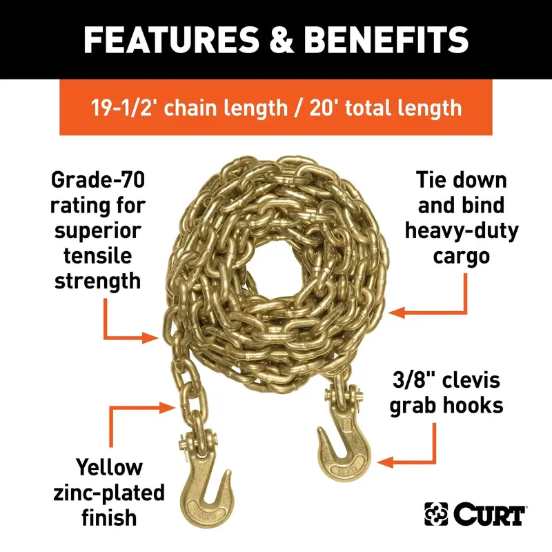 Curt Heavy-Duty Transport Safety Chain — 20 Ft, 26,400 Lb Capacity, Yellow Zinc Finish (80311) 1